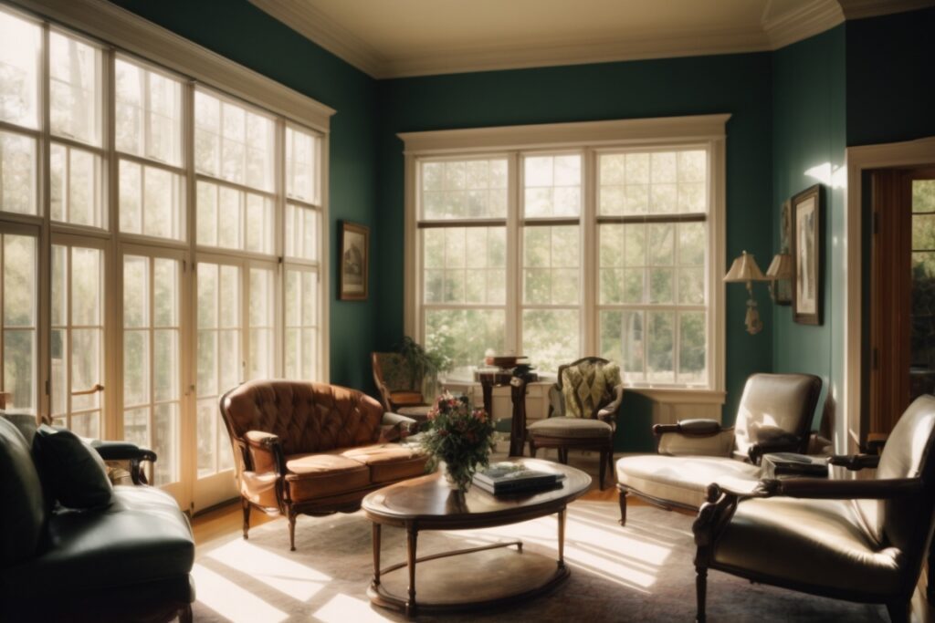 St. Louis home interior with tinted windows and sunlight filtering through