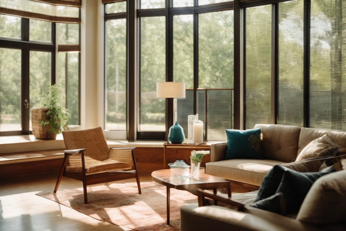 Interior of a St. Louis home showing windows with UV protective film, modern furniture, and sunlight filtering through